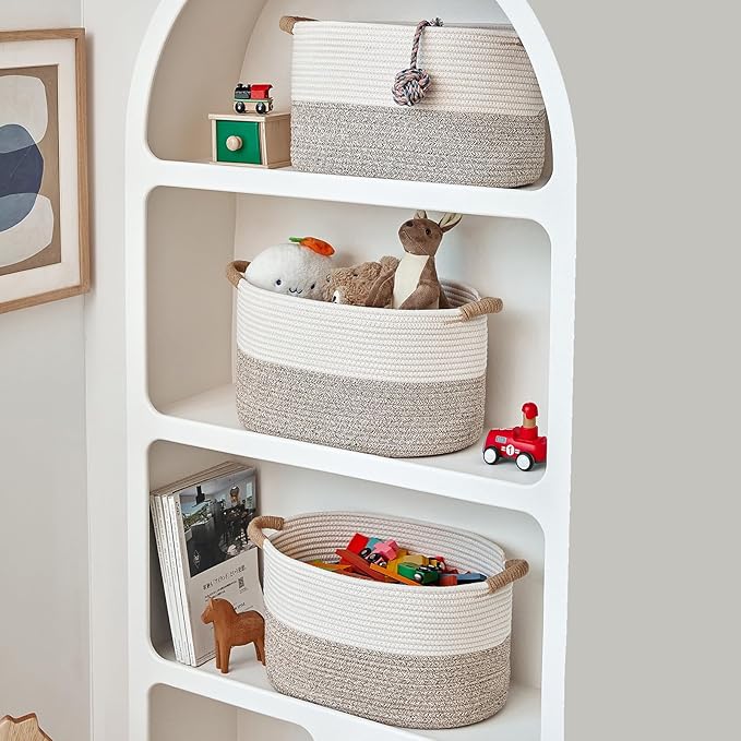 Storage Baskets for Organizing | 15"x10.2"x9.1" - 1 Pack Nursery Bin with Handles - Woven Cotton Rope Baskets for Dog Toys, Books, Shelf, Bathroom,Closet -Stylish Storage | White & Beige-Ruum Studio Home