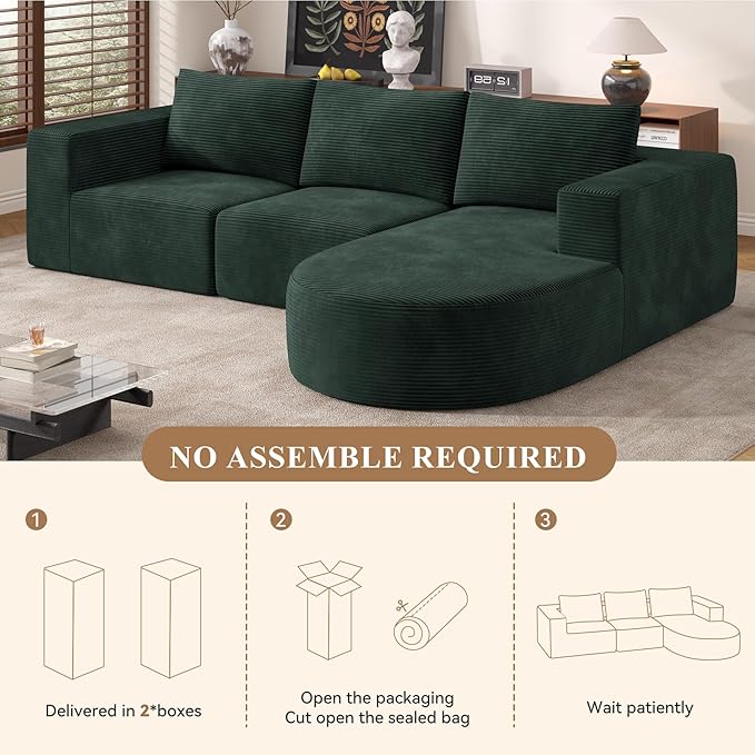 Modular Sectional Sofa with L-Shape Chaise,Cloud Sectional Modern Sleeper Couch with Deep Seat,Sponge Compression Sofas No Assembly Required(Green-Corduroy Fabric) 1PCS-Ruum Studio Home