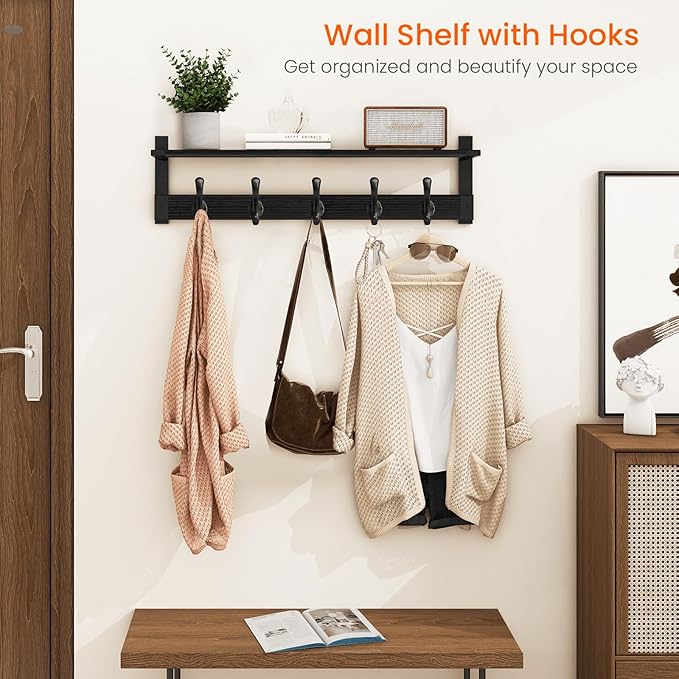 Homode Coat Hanger Wall Mount with Shelf, 29 in Hanging Rack with Storage, Entryway Shelf with Pegs for Hanging Coats, Hats, Towels, Purse, Robes, Black-Ruum Studio Home