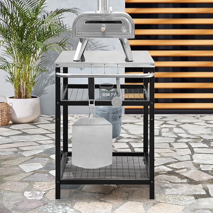 Stainless Steel Grill Cart Pizza Oven Stand Trolley Table with Wheels Pizza Cart Three-Shelf Movable Food Prep Work Dining Table with Double-Shelf Heavy Duty Outdoor 31.5" x 24 x 33.5-Ruum Studio Home