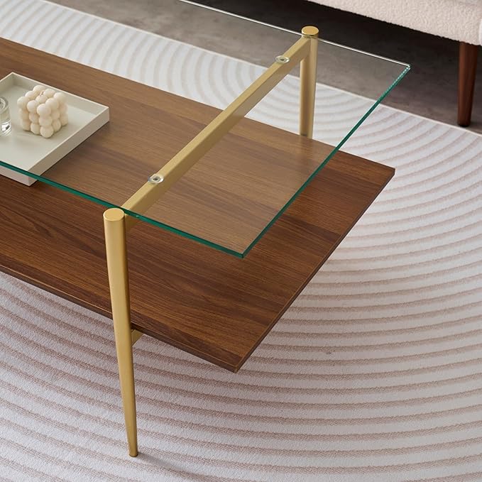 Rectangle Coffee Table, Mid-Century Modern Design, L41 W21 x H17, for Living Room, 2-Tier Structure, Clear Glass Top and Walnut MDF Shelf, Sleek Conical Metal Legs with Gold Finish-Ruum Studio Home