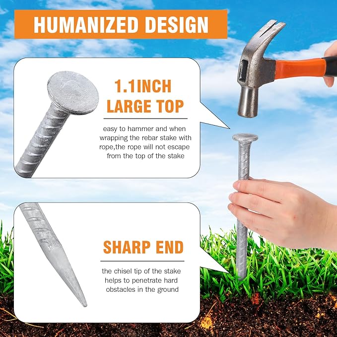Tandefio 12 Pcs 14 Inch Rebar Stakes, 1/2 Inch Diameter Threaded Galvanized Steel Ground Anchors Plant Support Garden Stakes, Heavy Duty Metal Landscape Spikes for Speed Bump Tent-Ruum Studio Home