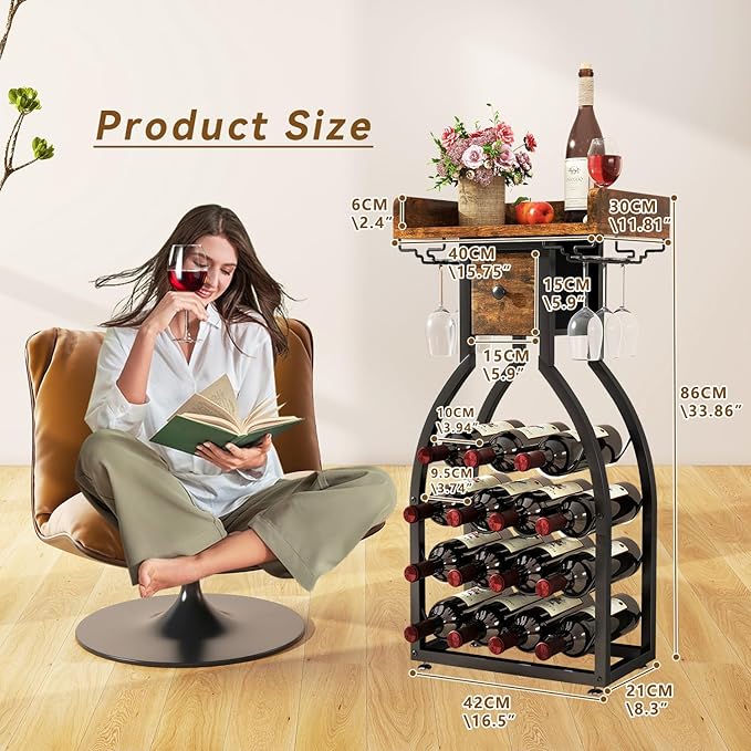 IBUYKE Wine Rack Freestanding Floor,Wine Storage 15 Bottles Bottle Rack with Glass Holders, Mini Bar Wine Cabinet with Storage Drawer for Home Bar Kitchen Dining Room,Rustic Brown,UTMJ908H-Ruum Studio Home