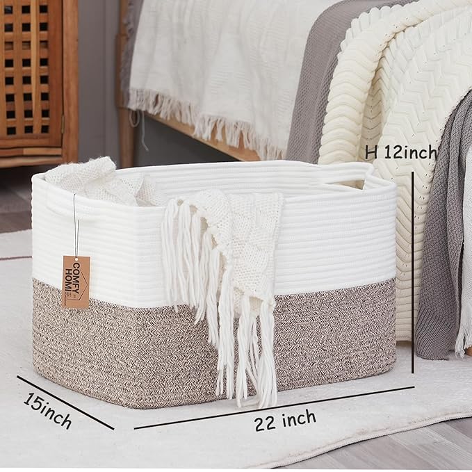COMFY-HOMI Large Laundry for Organizing|Rectangle Cotton Rope Storage with Handles|Blanket for Living Room|Woven Laundry for Towels, Toys, Clothes-22x15x12”-White/Brown-Ruum Studio Home