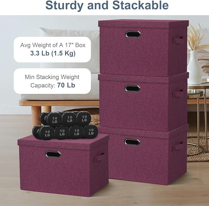 Large 17" 36 Quart Collapsible Stackable Storage Bins with Lids, 3 Packs Purple Linen Fabric Closet Boxes with Lids, Storage Cube Baskets Container Organizers for Bedroom Office (17x12x11)-Ruum Studio Home