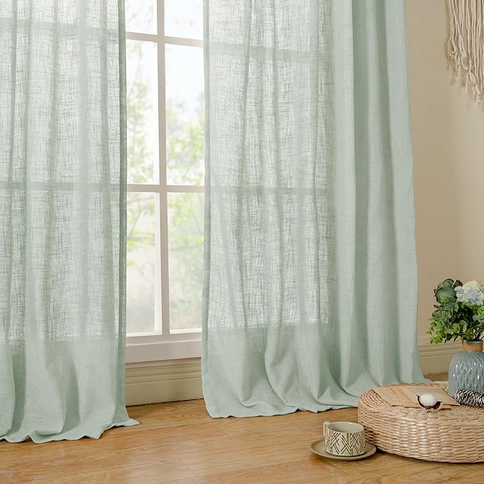 LAMIT Living Room Linen Curtains 95 Inch for Bedroom, Bronze Grommet Linen Textured Sheer Curtains Light Filtering Burlap Drapes for Farmhouse, 2 Panels, 52 x 95 Inch, Light Sage-Ruum Studio Home
