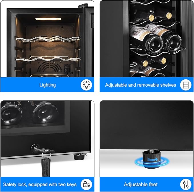 Wine Cooler Refrigerator 12 Bottles, Small Wine Fridge Mini Wine Fridge Countertop with Glass Door Wine Cellars for Red Wine, Champagne, Dry White Wine, Sparkling Wines-Ruum Studio Home
