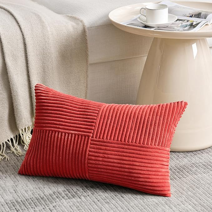 Fancy Homi 2 Packs Red Lumbar Decorative Throw Pillow Covers 12x20 Inch for Living Room Couch Bed Sofa, Holiday Christmas Home Decor Gift, Soft Striped Corduroy Rectangle Accent Cushion Case 30x50 cm-Ruum Studio Home