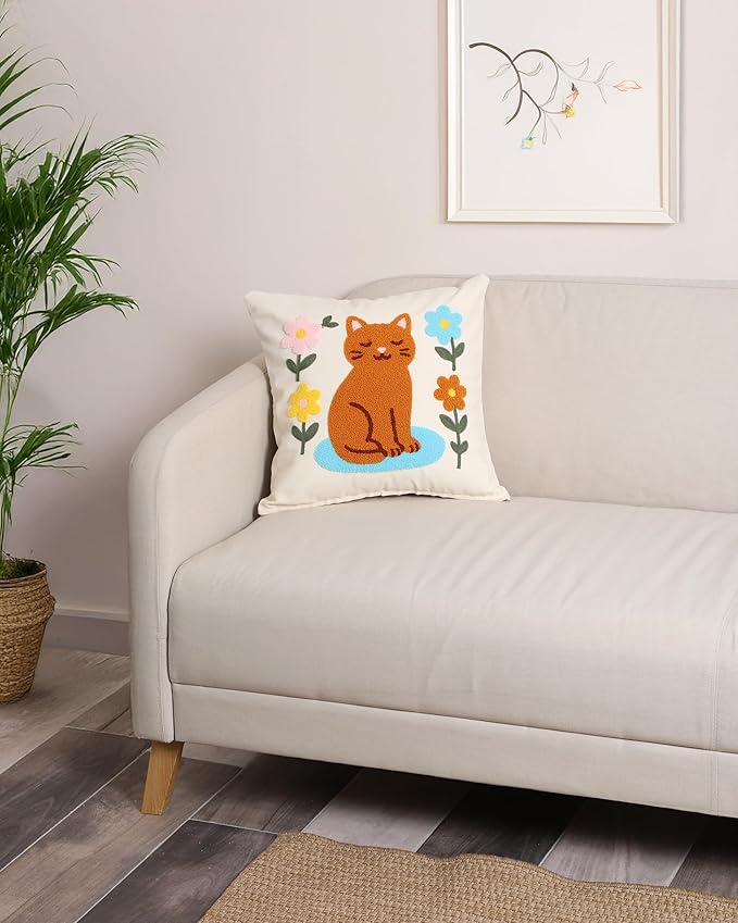 katre home madame & textile Cat Throw Pillow Cover – 100% Cotton Embroidered Decorative Cushion Case 18x18 – Handmade Punch Needle Pillow for Sofa, Bed, Couch or Gift for Cat Lovers-Ruum Studio Home