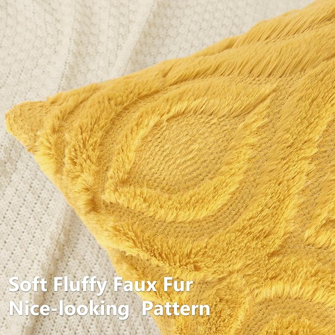 decorUhome Throw Pillow Covers 16x16 Inch Set of 2, Soft Plush Decorative Faux Fur Mustard Yellow Solid Couch Pillow Covers, Accent Farmhouse Neutral Square Euro Pillow Cases for Sofa Bed Living Room-Ruum Studio Home