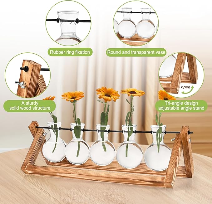 Retro Wood Stand Plant Terrarium with 5 Air Planter Bulb Glass Vases, Perfect for Home, Office, or Wedding Decor. Great Desktop Propagation Station and Plant Lover Gift for Women (5 Bulb Vase)-Ruum Studio Home