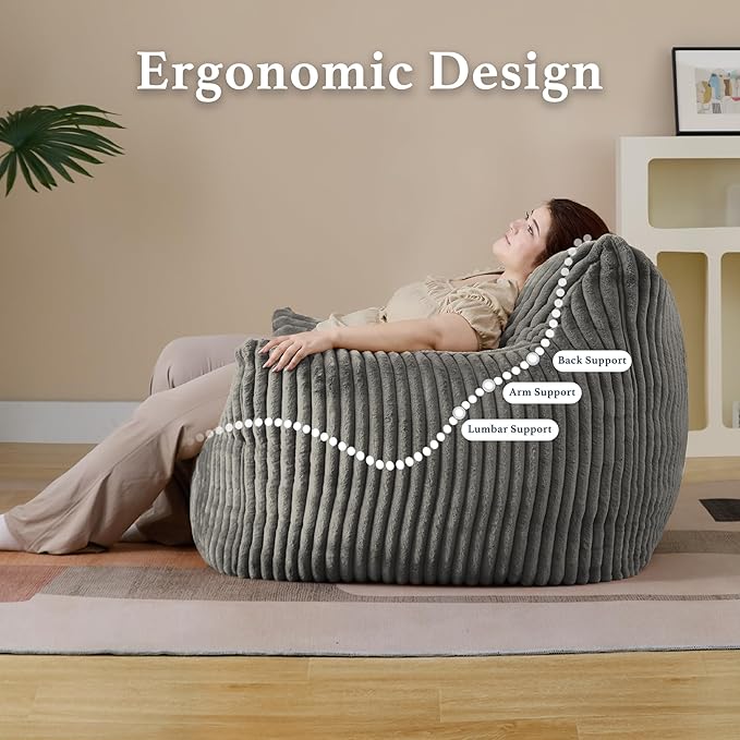 Giant Plush Bean Bag Chair for Adults with Armrests - Oversized Comfy Light Grey Beanbag Lounge Lazy Floor Sofa Accent Chair for Living Room, Bedroom & Dorm, Cozy Fluffy Single Cloud Mini Couch-Ruum Studio Home