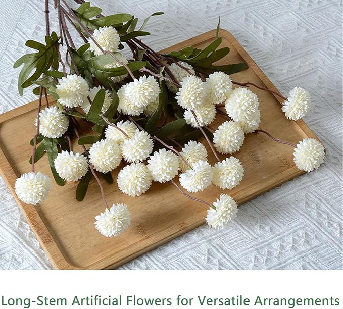 Faux White Kiku Flower, 10 Stems with 5 Heads Each & 4 Branches Eucalyptus Stems, Artificial Small Mini Chrysanthemum Flowers for Aesthetic Room Decor, Floral Arrangements Centerpiece-Ruum Studio Home