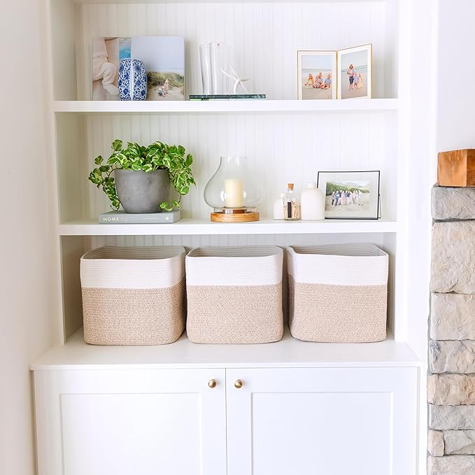NaturalCozy 13x15x13 Kallax Storage Cubes Bins, 3 Pack | Cotton Rope Cube Storage Bin Woven Baskets for Organizing | Kallax Insert Storage Baskets for Shelves Organizer, Kids Toy, Closet Baby Nursery-Ruum Studio Home