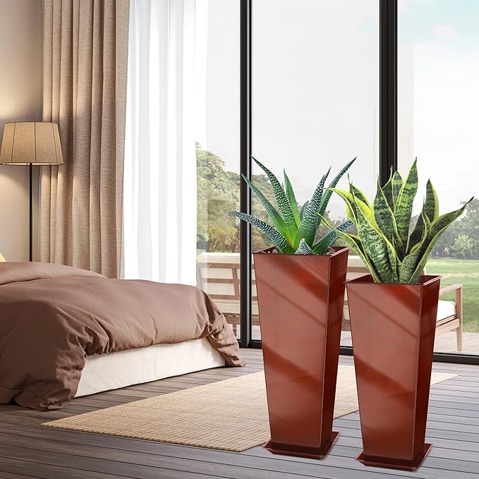 KOL 25'' & 28'' Tall Galvanized Steel Metal Glazed Planter with Insert, Set of 2, Metal Planter Pots for Indoor & Outdoor Use, Decorative Flower Plant Pots for Front Porch, Patio, Deck - Brown-Ruum Studio Home