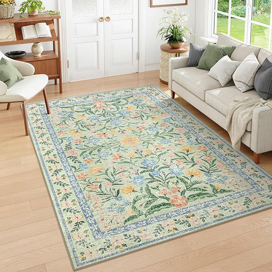 Wonnitar Washable Floral 6x9 Rug, Soft Green Area Rug Boho Non Slip Dining Room Carpet, Non-Shedding Flower Floor Carpets for Kids Bedroom Living Room Dorm Playroom-Ruum Studio Home