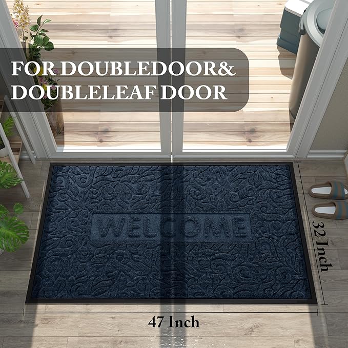 Yimobra Door Mat Indoor Outdoor Entrance, Non Slip Welcome Front Doormats, Heavy Duty Rubber Backing, Stain and Fade Resistant, Low Profile, Easy Clean Patio Garage Floor Mats, 47 x 32, Blue-Ruum Studio Home