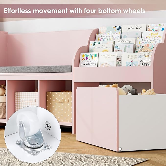 HOSTACK 67" Kids Reading Nook with Bench, Kids Bookshelf and Bookcase with Seat Cushion and 6 Storage Cubbies, Toy Storage Box on Wheels, Toy Chest for Playroom, Bedroom, School, Pink-Ruum Studio Home