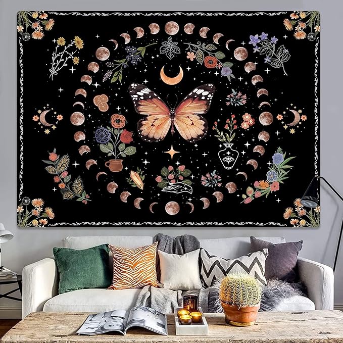 Fowocu Orange Butterfly Moon Flower Tapestry Boho Floral Plant Tapestries for Bedroom Aesthetic Tapastry's Wall Hanging Mandala Botanical Wall Tapestry for Living Room Dorm (Yellow, 90'' × 68'')-Ruum Studio Home