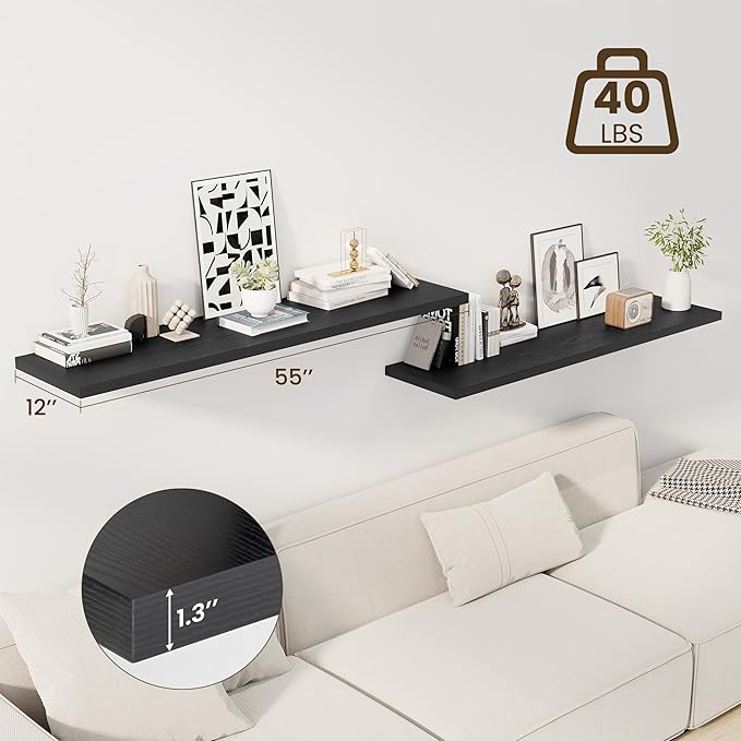 55" Floating Shelves for Wall, 12" Deep Slim Black Floating Shelves, Wall-Mounted Shelves for Bedroom, Living Room, Kitchen, Bathroom - Set of 2-Ruum Studio Home