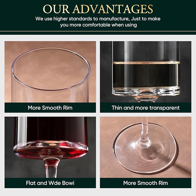 Premium Crystal Wine Glasses - Hand Blown, Thin Rim, Long Stem, Square Unique Design - Set of 4, 15oz - Perfect for Men or Women, Wedding, Anniversary, Christmas, Birthday Gift-Ruum Studio Home