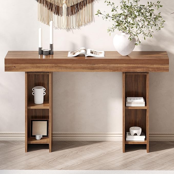 55Inch Farmhouse Console Table,Wooden Rectangular Sofa Table Behind The Couch,Entryway Console Table with Storage for Living Room, Hallway,Entrance (Light Brown)-Ruum Studio Home