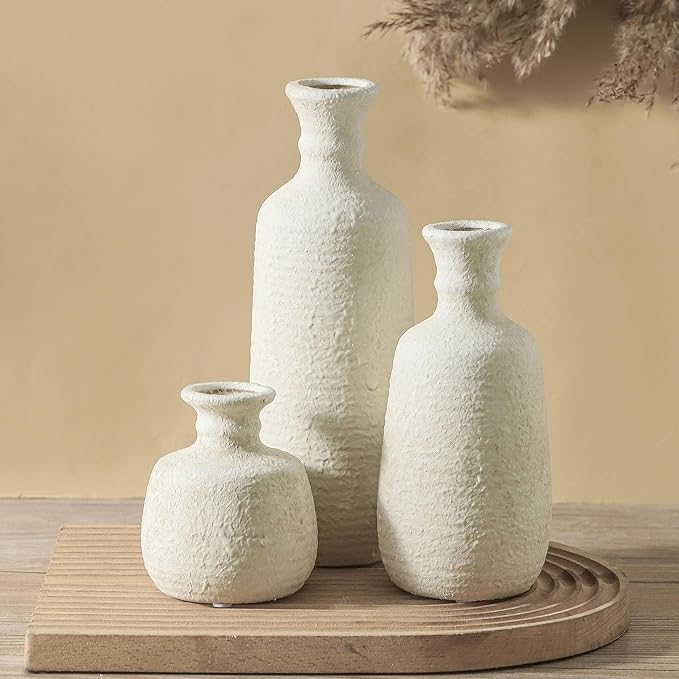 Ceramic Vase Set of 3, Neutral Rustic Vases Home Decor Farmhouse Decorative Vase Whitewashed Pottery Decor Boho Modern for Table Mantel Entryway Bookshelf Living Room Kitchen Bathroom Bedroom - White-Ruum Studio Home