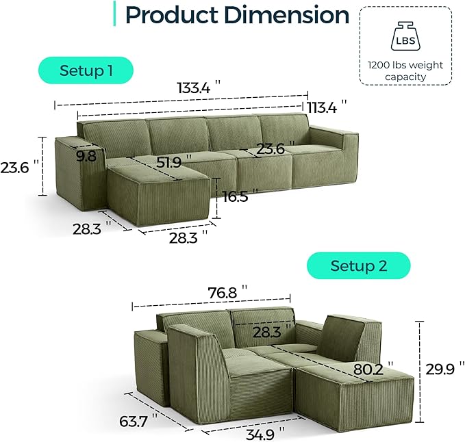 LINSY HOME Modular Sectional Sofa, 134" Boneless Couch L Shaped 4-Seat Sofa with Movable Ottoman, Corduroy Sectional Cloud Couches for Living Room, No Assembly Required, Green-Ruum Studio Home