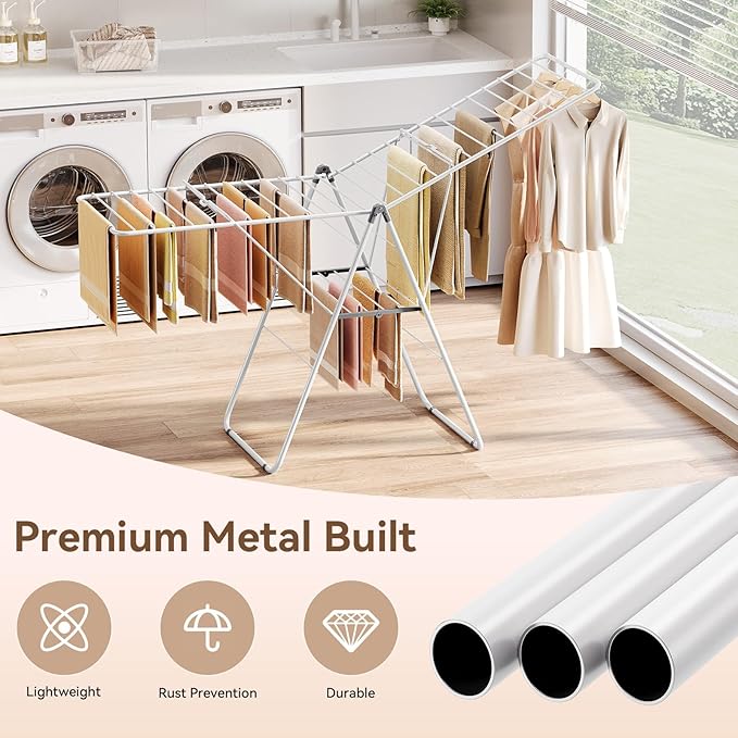 APEXCHASER Clothes Drying Rack, Foldable Drying Rack Clothing, Sturdy Metal Laundry Drying Rack, Height-Adjustable Gullwing, Easy to Fold, Space-Saving, for Indoor Outdoor, White-Ruum Studio Home