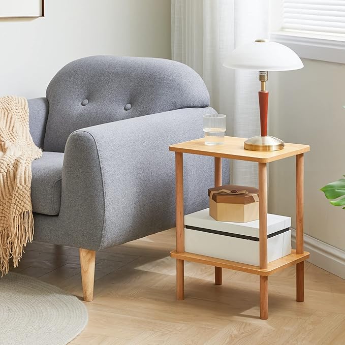 IBUYKE 2-Tier Side Table, Solid Wood Tall End Table with Storage Shelves, Nightstand Bedside Table for Living Room Bedroom Office, No-Tool Assembly, Natural UWST002N-Ruum Studio Home