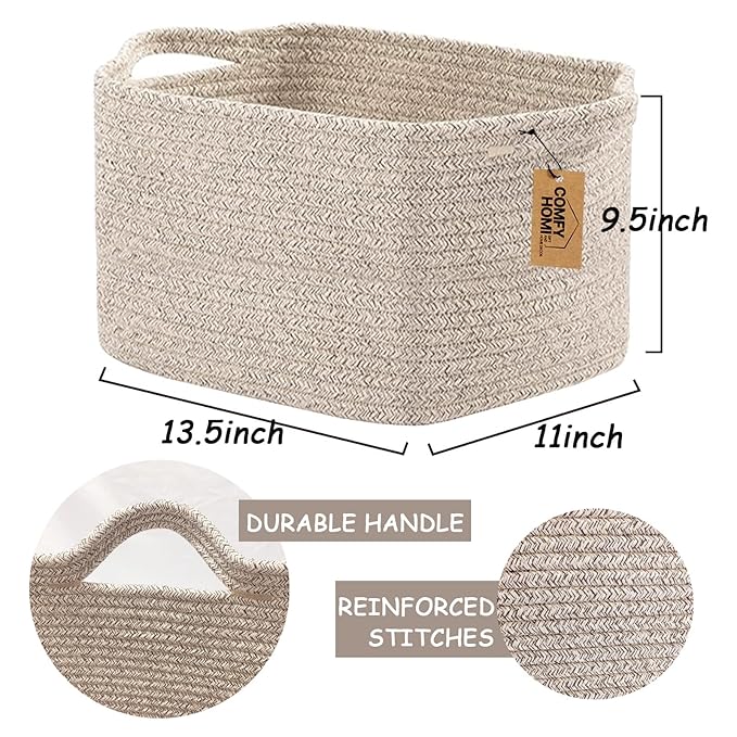 COMFY-HOMI 3PACK Cotton Rope Woven Basket With Handles for Shelves, Toy, Book, Cloth Storage Basket for Organizing|13.5" x 11" x 9.5" Decorative Nursery Cube Bin for Living Room（all brown）-Ruum Studio Home