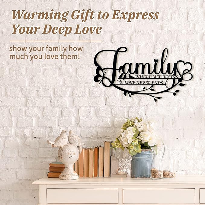Family Sign Black Metal Wall Art Decor, Oppro Family Where Life Begins Love Never Ends Wrought Iron Wall Decorations, Hanging Plaque Letters Signs Home Decor for Living Room Bedroom Dining Room Kitchen Mother's Day Father's Day-Ruum Studio Home