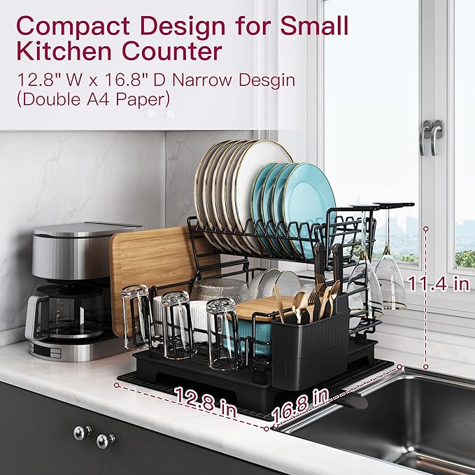 BOOSINY 2 Tier Black Large Stainless Steel Dish Drainers Drying Rack for Kitchen Counter with Drainboard, Rust Proof Metal, Space Saving, Modern Aesthetic, Compact Plates Strainers with Extra Mat-Ruum Studio Home