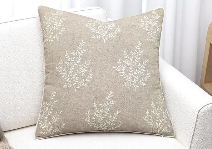 VAGMINE Embroidered Leaves Throw Pillow Cover - 20x20 Inches Square - 100% Linen Natural Throw Pillowcase - Elegant Neutral Leaf Design - Minimalist Rustic Home Accent for Sofa, Bed, Couch, Lounge-Ruum Studio Home