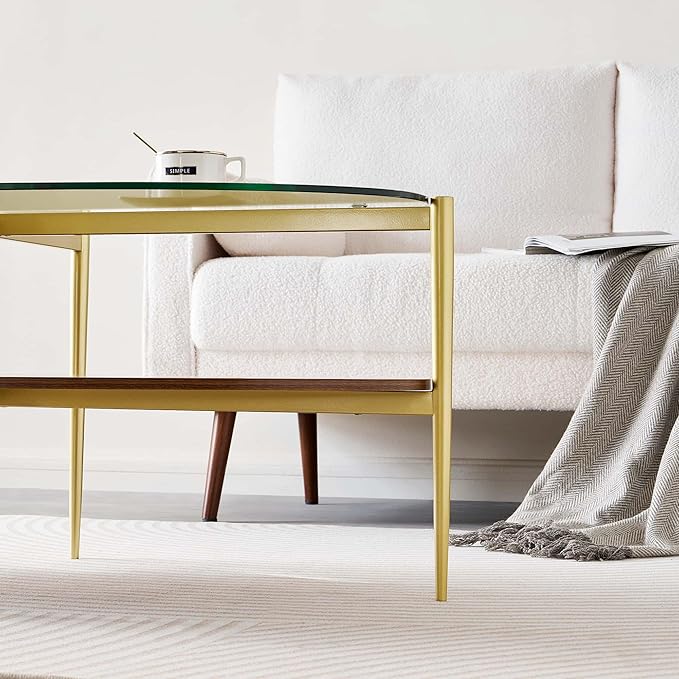 Oval Glass Coffee Table, Mid-Century Modern Design, L43 x W22 x H17 inch, 2-Tier Structure, Olive Shaped Clear Glass Top and Walnut Finish Wood Shelf, Tapered Legs with Gold Finish Frame-Ruum Studio Home