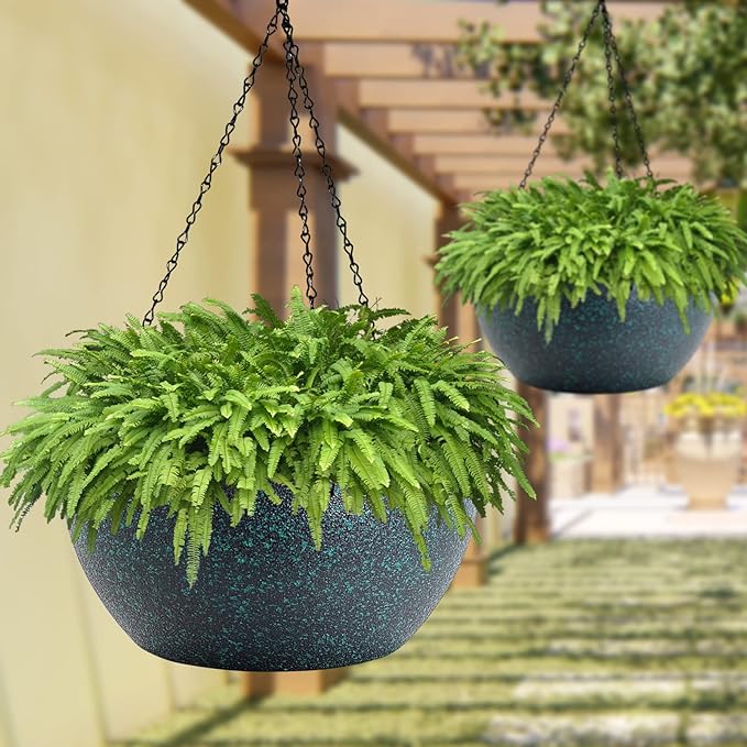 WOUSIWER 13 inch 2 Pack Large Hanging Planters for Indoor Outdoor Plants with Drainage Holes and Chain, Round Hanging Flower Pots for Garden Home Porch Decor, Black with Green Speckles-Ruum Studio Home