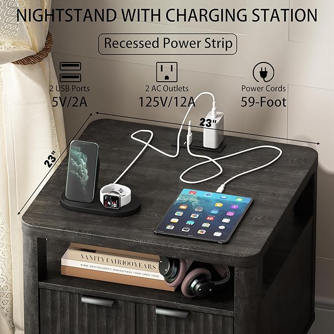 Nightstand Set of 2 with Charging Station, 24" End Table Side Table with Open Shelf, Modern Large Wood Fluted Bedside Cabinet for Bedroom, Living Room, Black-Ruum Studio Home