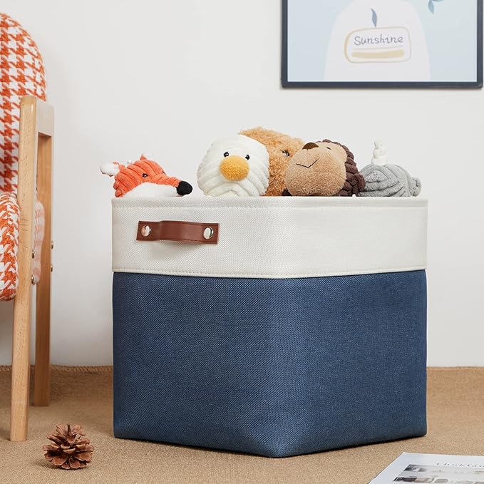 DULLEMELO Foldable Storage Cubes 12 x 12 Organizer Bins,Canvas Storage Bins Empty Gift Baskets for Organizing with SturdyLeather Handles, Closet Baskets for Nursery Storage(4 Pack - 12" White&Blue)-Ruum Studio Home