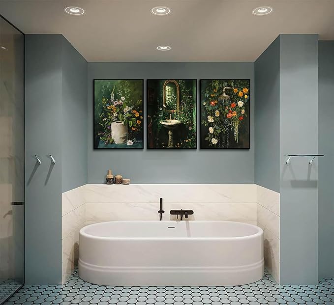 3Pcs Vintage Dark Green Bathroom Wall Art Shower Toilet Paper Roll Floral Poster Print Modern Farmhouse plants Painting Picture Wall Decor For Bathroom Living Room Decoration Unframed-Ruum Studio Home