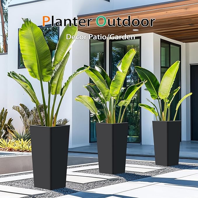Tall Planters for Outdoor Plants, Large Resin Flower Pots for Garden, Front Porch, Patio, Indoor - Set of 2 (Black, 32 inch - 2 Pack)-Ruum Studio Home