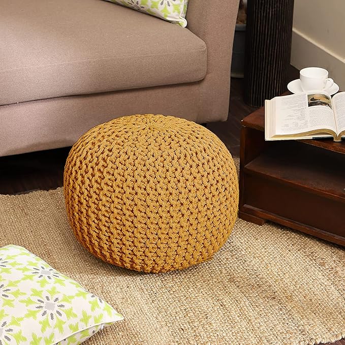 REDEARTH · Round Pouf Ottoman - Hand Knitted Cable Boho Poof Home Décor Pouffe Circular Footrest for Living Room - Bedroom - Lounge - Nursery - 100% Cotton Poufs (19.5"x19.5"x14") - Mustard-Ruum Studio Home