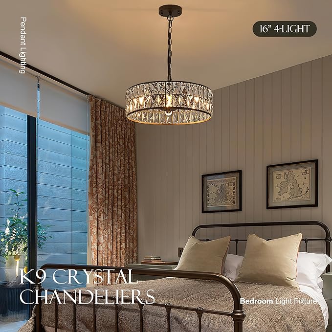 16” 4-Light Modern Crystal Chandeliers Black Dinning Room Light Fixture, Round Pendant Light Kitchen Island Chandelier, Flush Mount Ceiling Light for Living Room Entryway Bedroom Foyer-Ruum Studio Home