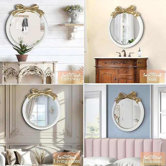 26x26 inch Bow Antique Mirrors for Wall, Round White and Gold Decorative Wall Mounted Mirror, Circle Antique Mirrors Suitable for Bedroom, Hallway, Living Room Decoration, Bathroom Sink-Ruum Studio Home