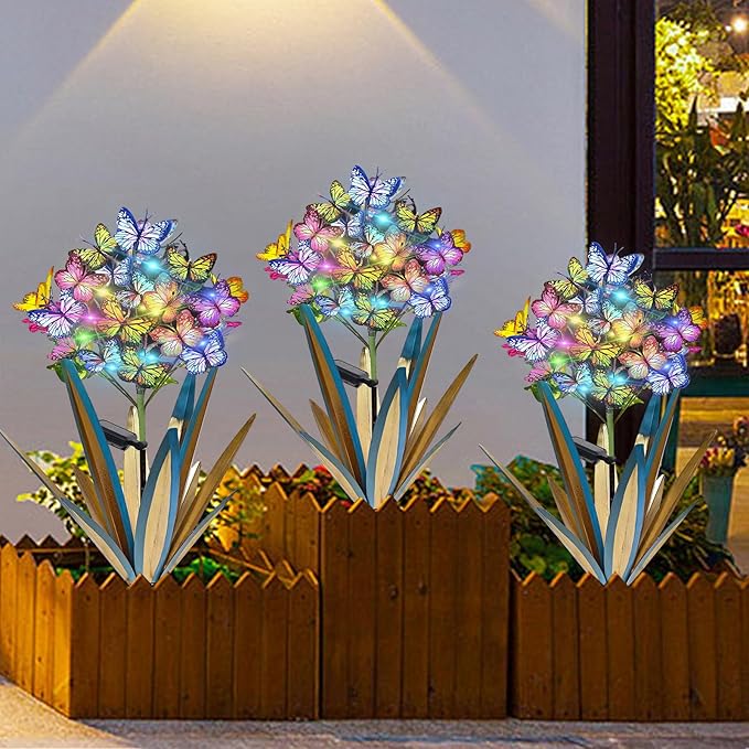 Homight Solar Metal Agave Butterfly Flower Stick Garden Sculpture - Outdoor Gift, Christmas Lights - Swaying Butterfly Garden Lights (2 PCS Blue)-Ruum Studio Home
