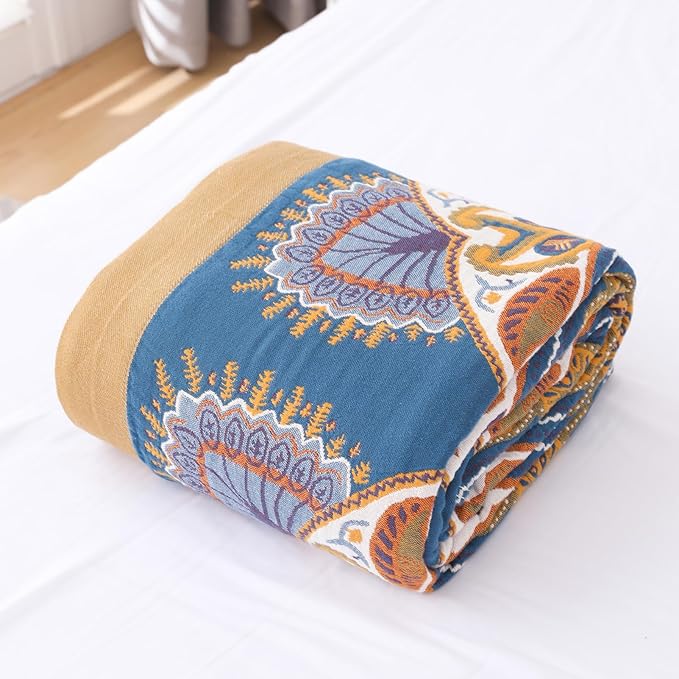 Snycler Boho Throw Blanket for Bed - 100% Cotton Ultra Soft Rustic Quilt Blanket Orange Green Printed Farmhouse Decor Bed Blankets, 80"×90" All Season Rustic Throw for Sofa Couch Chair-Ruum Studio Home