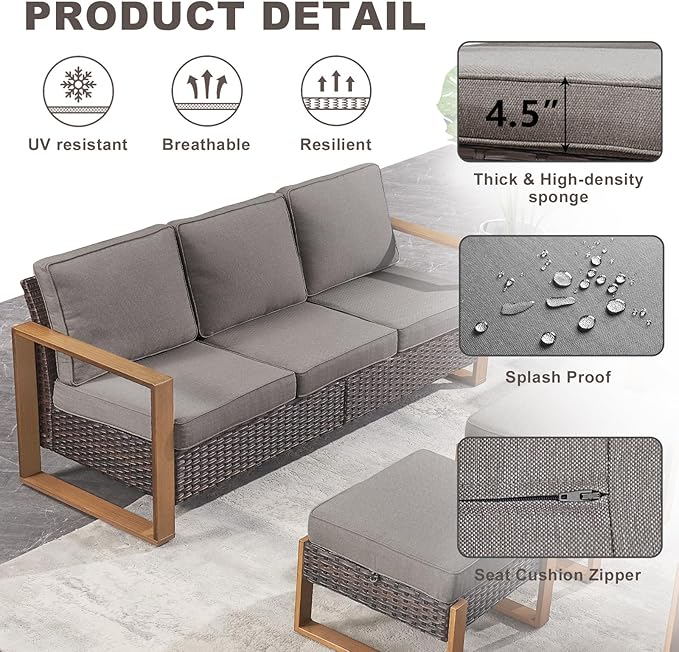 Outdoor Couch Wicker Patio Sofa, Rattan Patio Furniture Sofa with Sturdy Frame,All-Weather PE Wicker,Wide Armrest,Deep Seating and Thick Cushions for Deck Porch Garden(Brown/Grey)-Ruum Studio Home