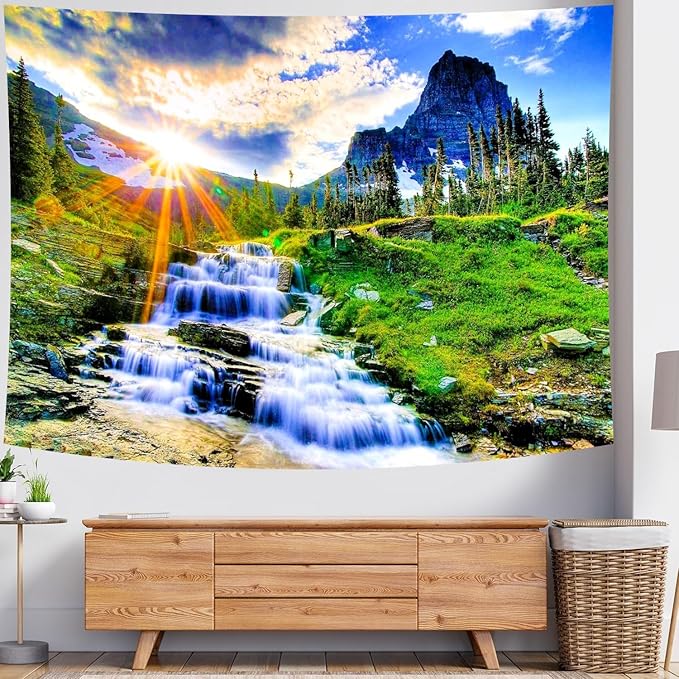 Delur Mountain Waterfall Tapestry Sunset Forest Tree Nature Landscape Tapestry Wall Hanging Tropical Sunrise Rainforest Psychedelic Scenic Headboard for Bedroom Living Room Home Decor (59.1" x 78.7")-Ruum Studio Home