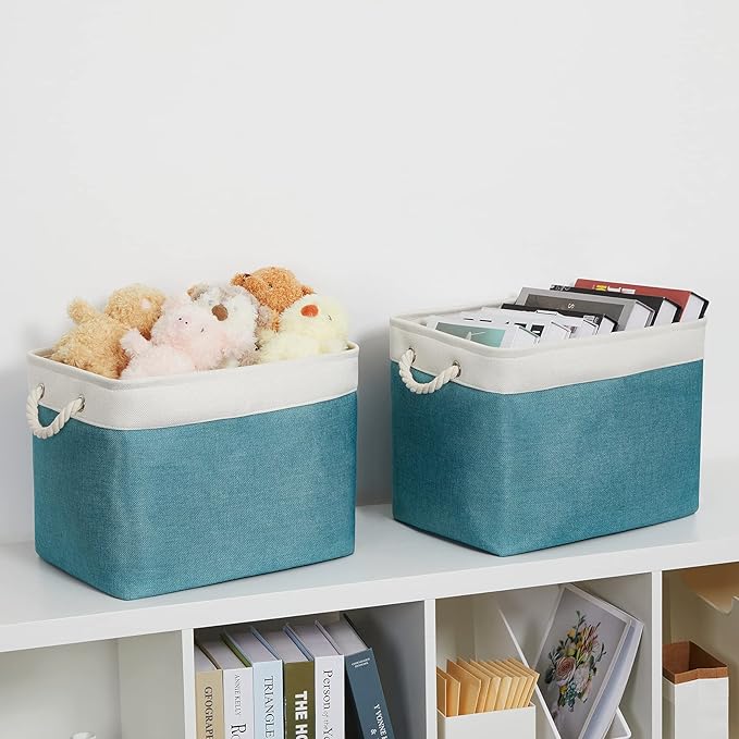 Bidtakay Foldable Storage Bins Set of 2 Tall Cloth Baskets 16" X 11.8" X 11.8" Decorative Organizers for Linen Closet (White & Teal)-Ruum Studio Home