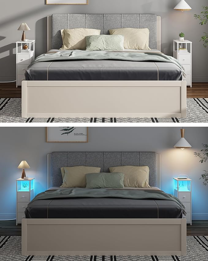 TUTOTAK Narrow LED Night Stand with Charging Station, Slim End Table with Plugins, Tall Side Table with 3 Fabric Drawer, Small Bedside Table with Storage, for Living Room, White TB01BW086L-Ruum Studio Home