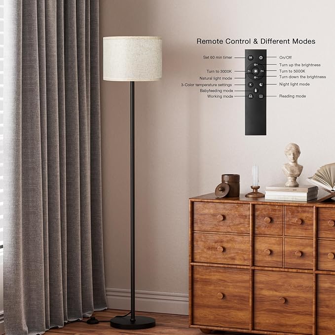 Ambimall 60'' Modern Floor Lamp with Remote, Tall Lamps for Living Room, Bedroom, Office, Dining Room, Beige Shade with Black Pole(Included Bulb)-Ruum Studio Home